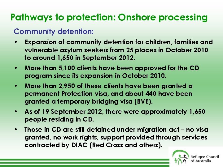 Pathways to protection: Onshore processing Community detention: • Expansion of community detention for children,