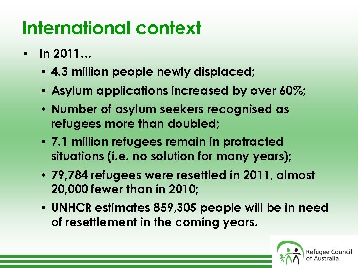International context • In 2011… • 4. 3 million people newly displaced; • Asylum