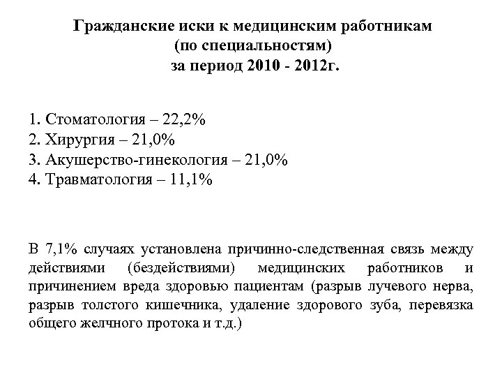 Гражданские иски к медицинским работникам (по специальностям) за период 2010 - 2012 г. 1.