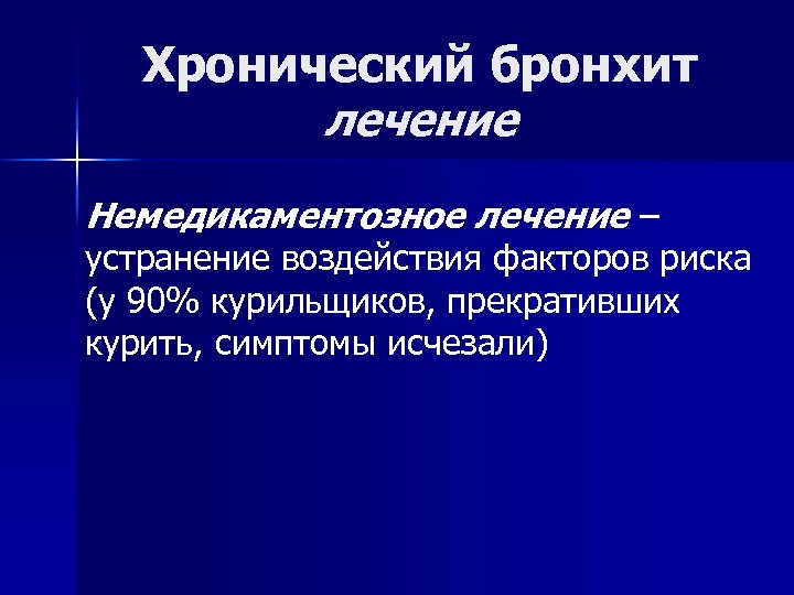 Хронический бронхит лечение Немедикаментозное лечение – устранение воздействия факторов риска (у 90% курильщиков, прекративших