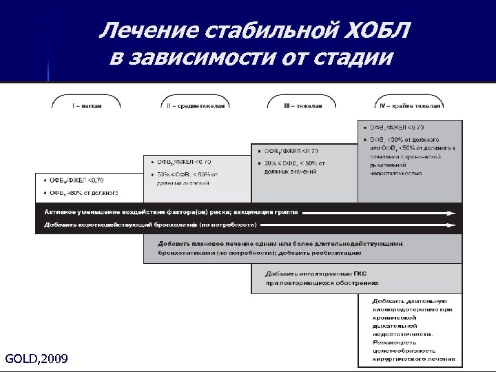  Лечение стабильной ХОБЛ в зависимости от стадии GOLD, 2009 