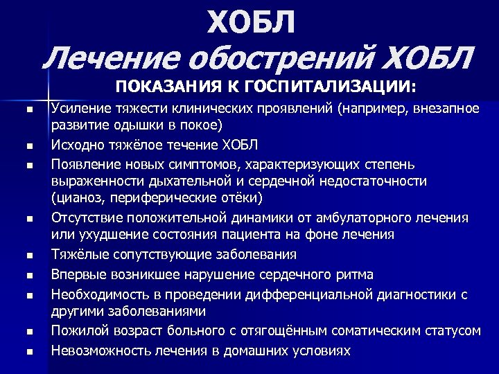 ХОБЛ Лечение обострений ХОБЛ ПОКАЗАНИЯ К ГОСПИТАЛИЗАЦИИ: n n n n n Усиление тяжести