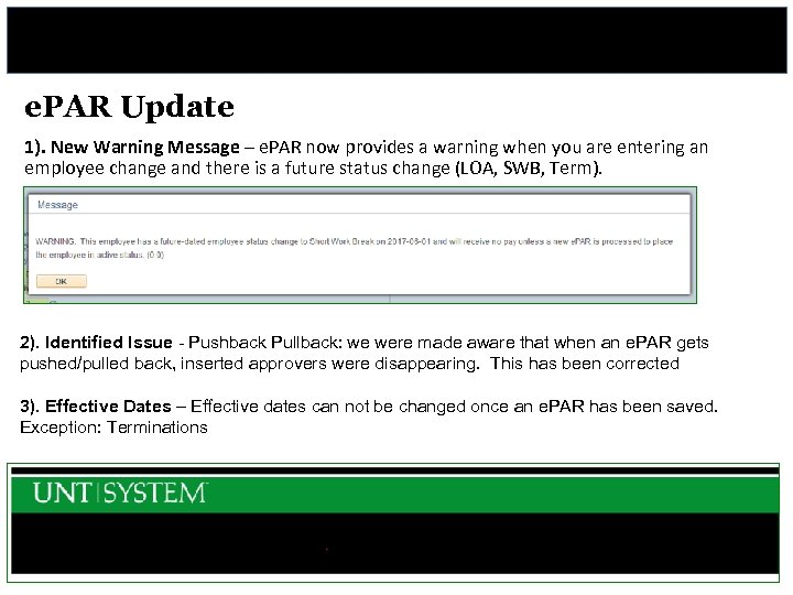 e. PAR Update 1). New Warning Message – e. PAR now provides a warning