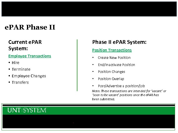 e. PAR Phase II Current e. PAR System: Employee Transactions • Hire • Terminate