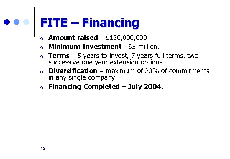 FITE – Financing o o o 13 Amount raised – $130, 000 Minimum Investment
