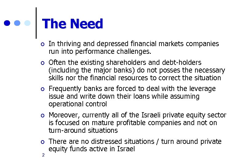 The Need ¢ In thriving and depressed financial markets companies run into performance challenges.