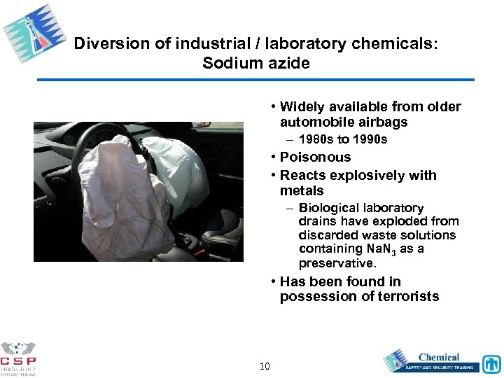 Diversion of industrial / laboratory chemicals: Sodium azide • Widely available from older automobile