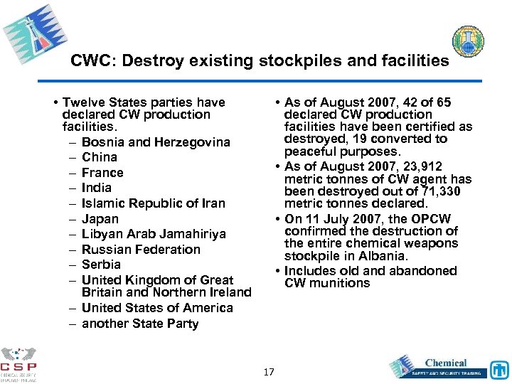 CWC: Destroy existing stockpiles and facilities • Twelve States parties have declared CW production