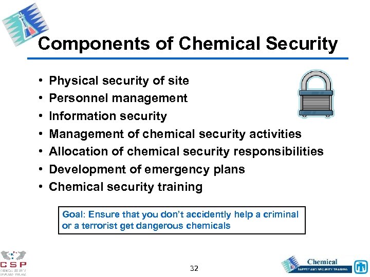 Components of Chemical Security • • Physical security of site Personnel management Information security