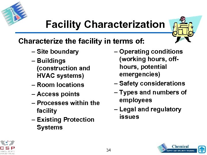 Facility Characterization Characterize the facility in terms of: – Site boundary – Buildings (construction