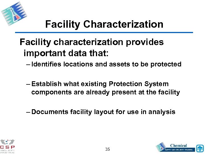 Facility Characterization Facility characterization provides important data that: – Identifies locations and assets to