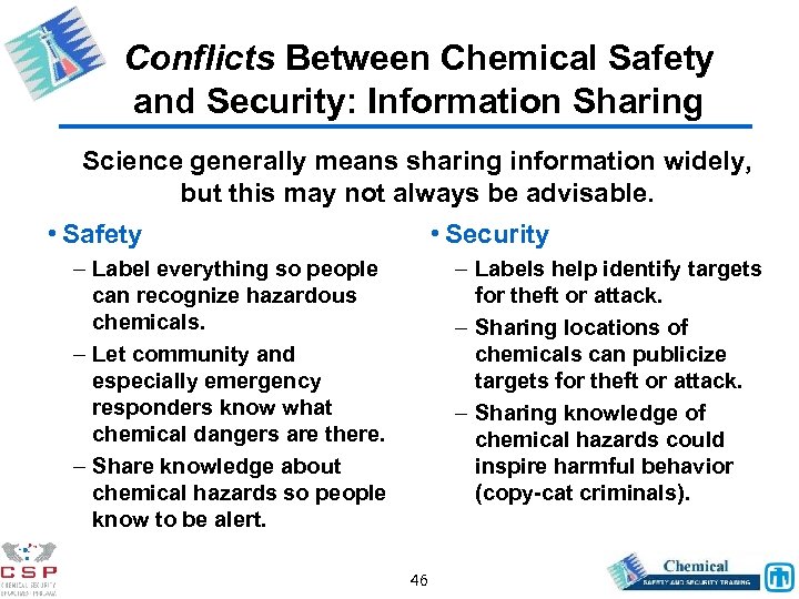 Conflicts Between Chemical Safety and Security: Information Sharing Science generally means sharing information widely,