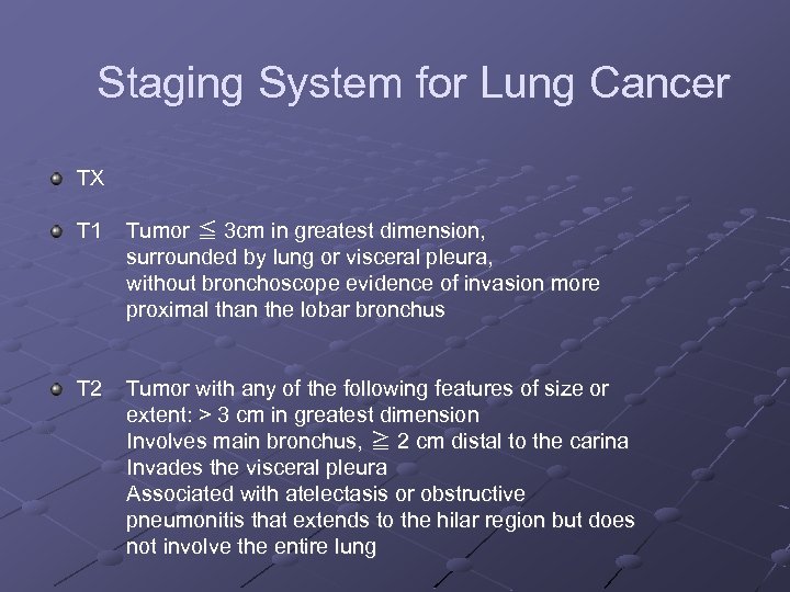 Staging System for Lung Cancer TX T 1 Tumor ≦ 3 cm in greatest