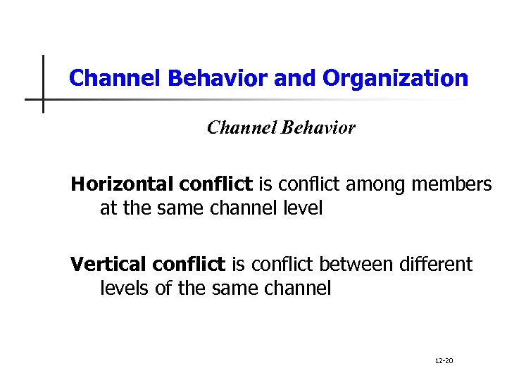 Channel Behavior and Organization Channel Behavior Horizontal conflict is conflict among members at the