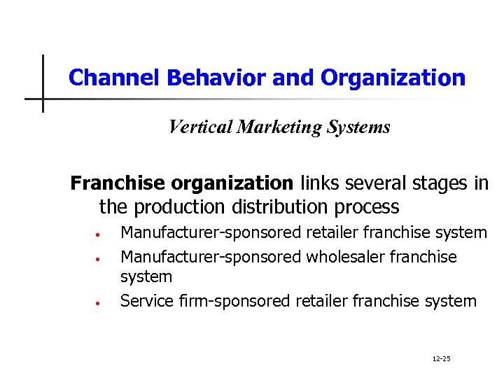 Channel Behavior and Organization Vertical Marketing Systems Franchise organization links several stages in the