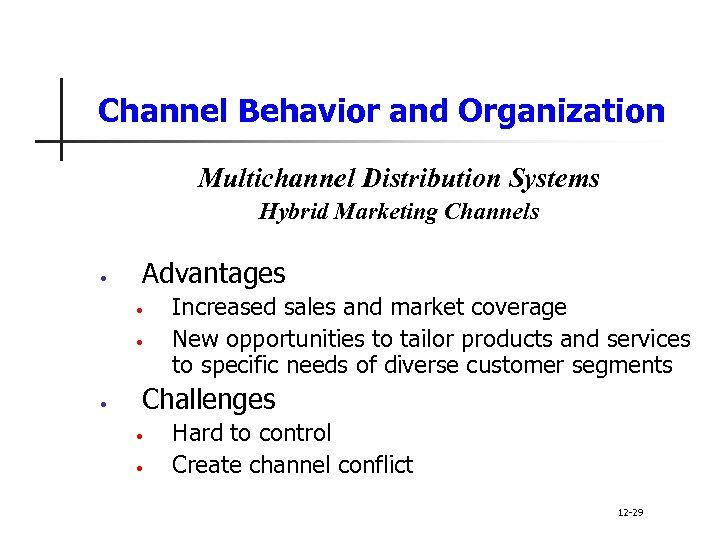 Channel Behavior and Organization Multichannel Distribution Systems Hybrid Marketing Channels • Advantages • •