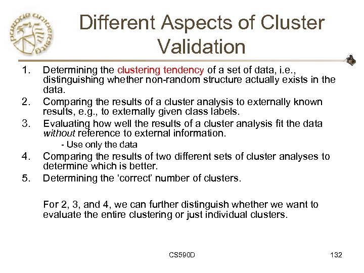 Different Aspects of Cluster Validation 1. 2. 3. Determining the clustering tendency of a