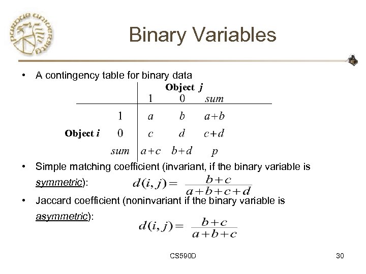 Binary Variables • A contingency table for binary data Object j Object i •