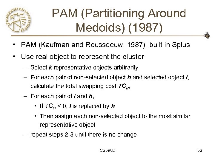 PAM (Partitioning Around Medoids) (1987) • PAM (Kaufman and Rousseeuw, 1987), built in Splus