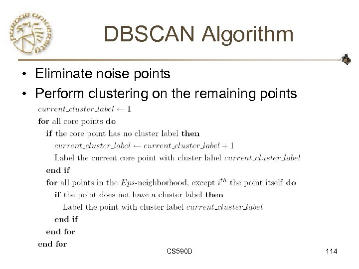 DBSCAN Algorithm • Eliminate noise points • Perform clustering on the remaining points CS