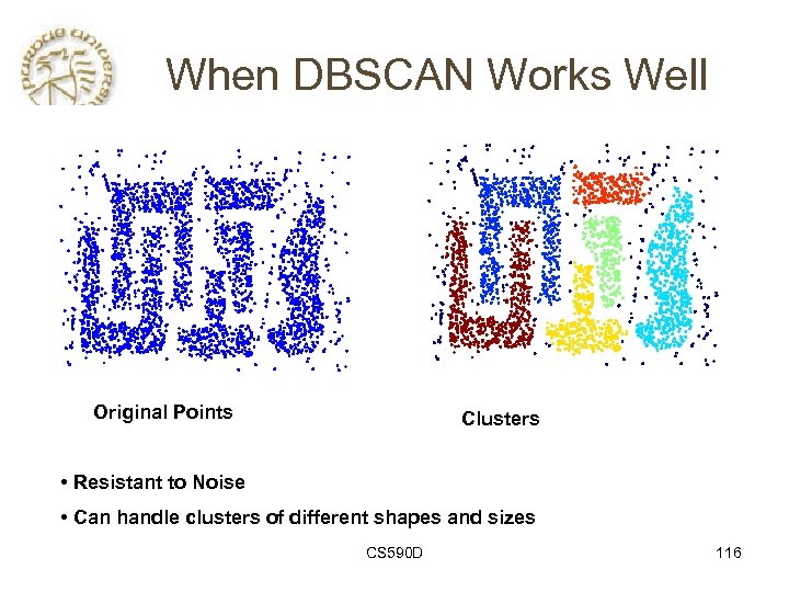 When DBSCAN Works Well Original Points Clusters • Resistant to Noise • Can handle