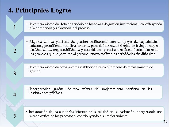 4. Principales Logros 1 • Involucramiento del Jefe de servicio en los temas de