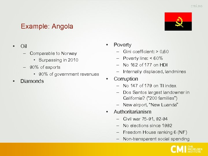 Example: Angola • Oil • – – – Comparable to Norway • Surpassing in