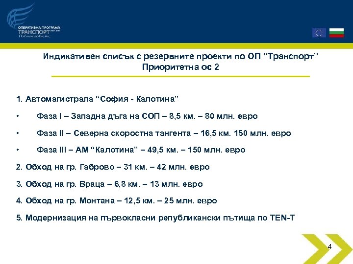 Индикативен списък с резервните проекти по ОП “Транспорт” Приоритетна ос 2 1. Автомагистрала “София