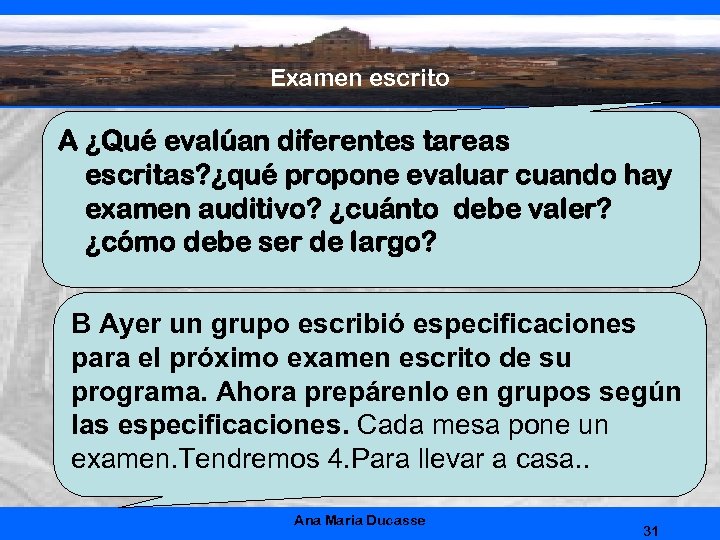 Examen escrito A ¿Qué evalúan diferentes tareas escritas? ¿qué propone evaluar cuando hay examen