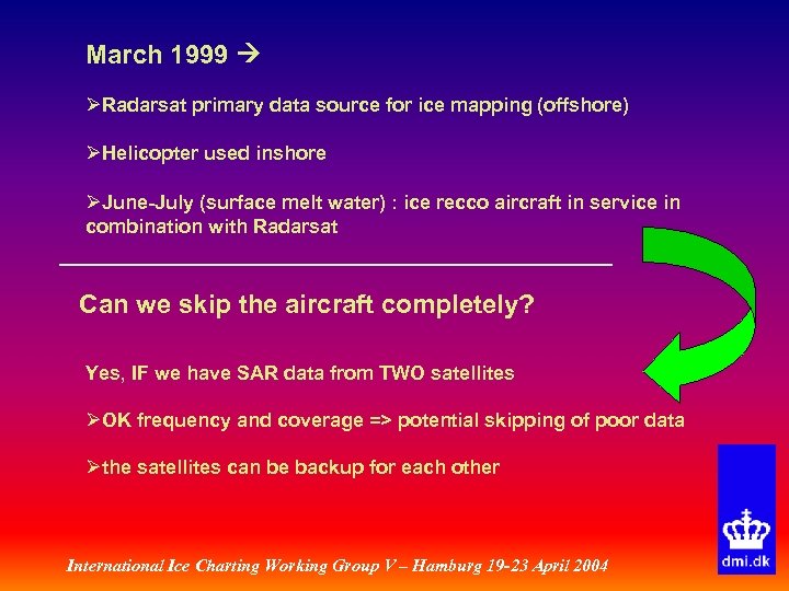March 1999 ØRadarsat primary data source for ice mapping (offshore) ØHelicopter used inshore ØJune-July