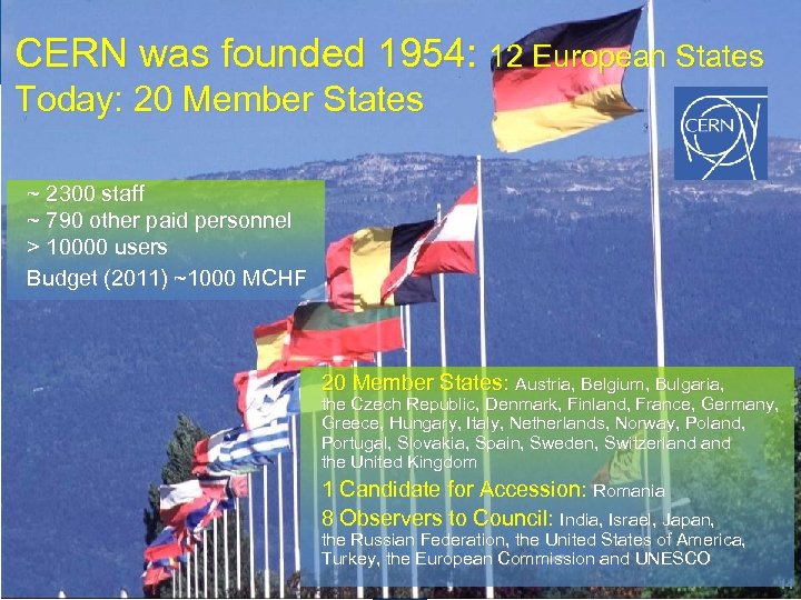 CERN was founded 1954: 12 European States Today: 20 Member States ~ 2300 staff