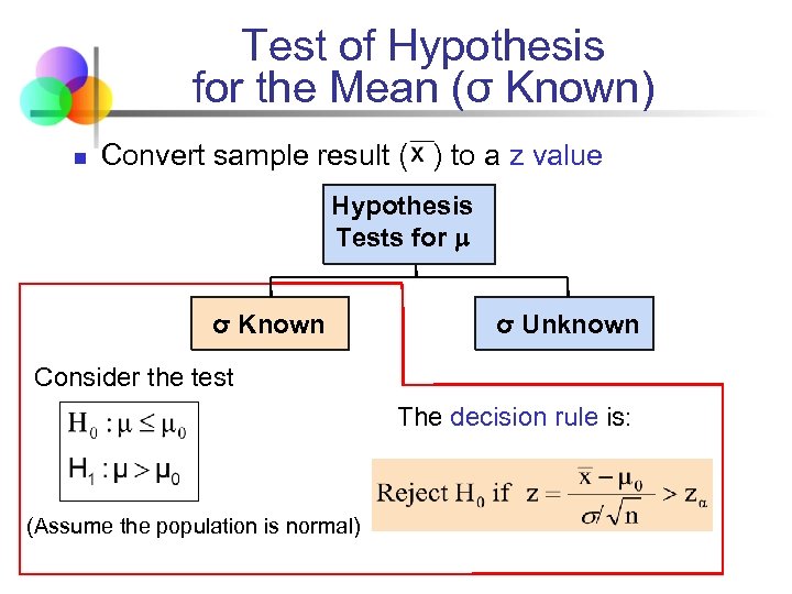 Test of Hypothesis for the Mean (σ Known) n Convert sample result ( )