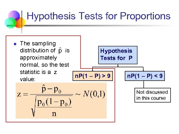 Hypothesis Tests for Proportions n The sampling distribution of is Hypothesis approximately Tests for