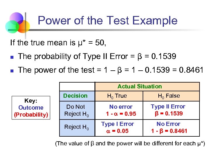 Power of the Test Example If the true mean is μ* = 50, n