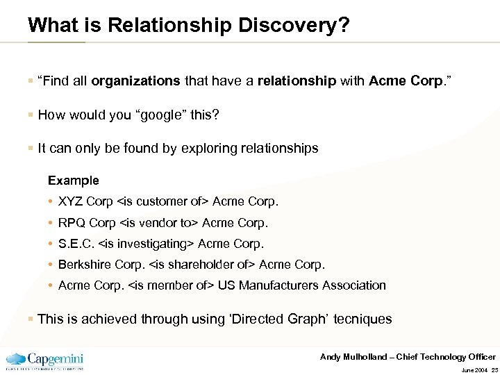 What is Relationship Discovery? § “Find all organizations that have a relationship with Acme