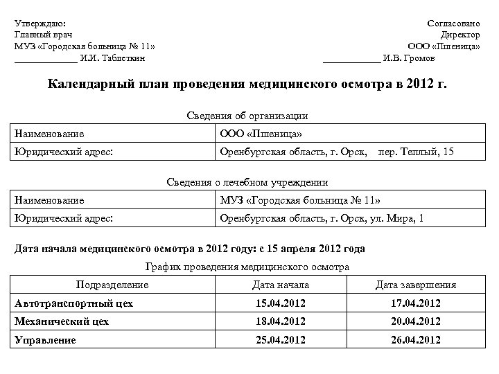 Календарный план по медосмотрам образец