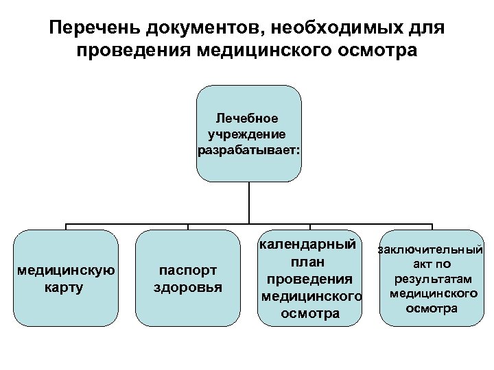 Перечень документов, необходимых для проведения медицинского осмотра Лечебное учреждение разрабатывает: медицинскую карту паспорт здоровья