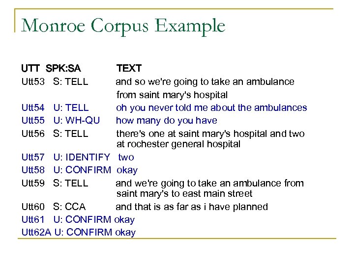 Monroe Corpus Example UTT SPK: SA Utt 53 S: TELL TEXT and so we're