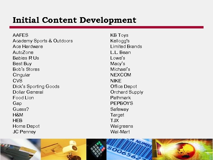 Initial Content Development AAFES Academy Sports & Outdoors Ace Hardware Auto. Zone Babies R