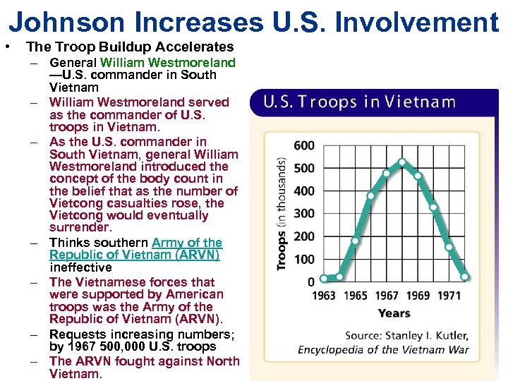 Johnson Increases U. S. Involvement • The Troop Buildup Accelerates – General William Westmoreland