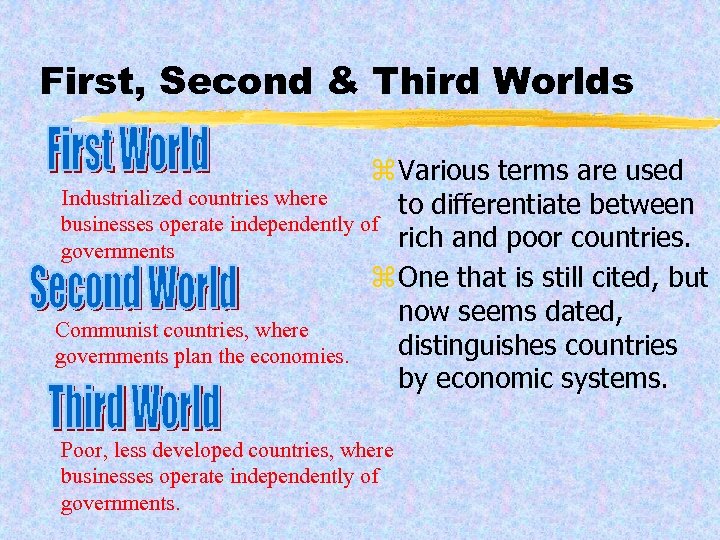 First, Second & Third Worlds z Various terms are used Industrialized countries where to