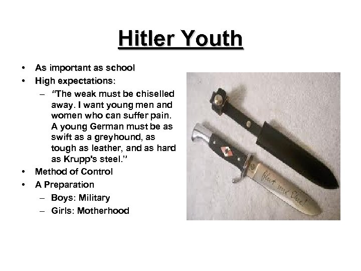 Hitler Youth • • As important as school High expectations: – “The weak must
