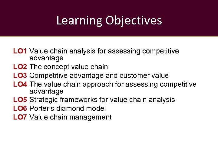 Learning Objectives LO 1 Value chain analysis for assessing competitive advantage LO 2 The