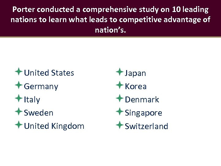 Porter conducted a comprehensive study on 10 leading nations to learn what leads to