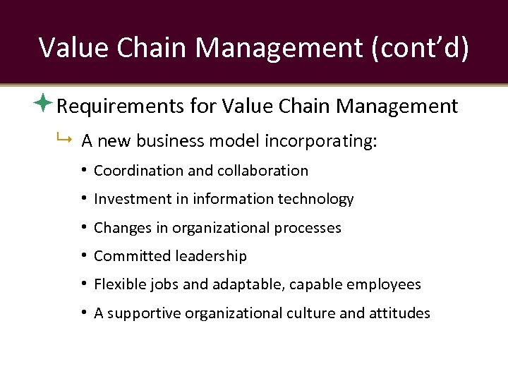 Value Chain Management (cont’d) Requirements for Value Chain Management A new business model incorporating: