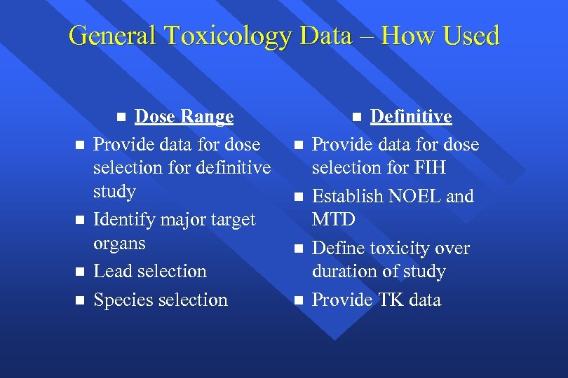 General Toxicology Data – How Used Dose Range Provide data for dose selection for