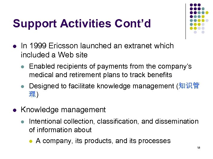 Support Activities Cont’d l In 1999 Ericsson launched an extranet which included a Web