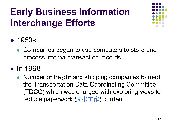 Early Business Information Interchange Efforts l 1950 s l l Companies began to use