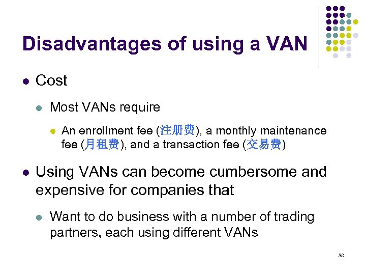 Disadvantages of using a VAN l Cost l Most VANs require l l An