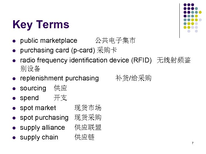 Key Terms l l l l l public marketplace 公共电子集市 purchasing card (p-card) 采购卡